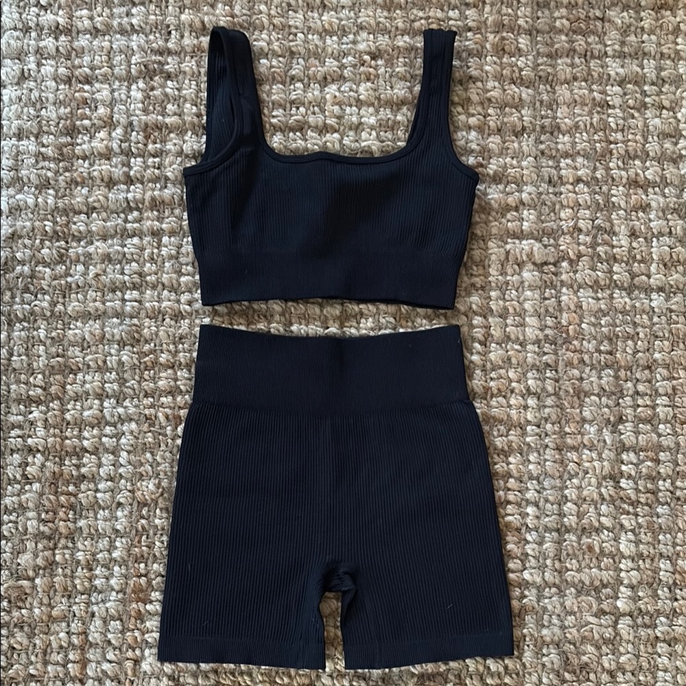 Black Ribbed Biker Shorts & Bra Set